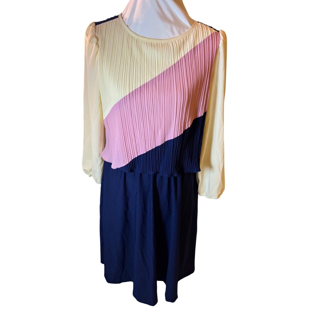 Rare Vintage Jenny Petites Dress 10P Navy Cream Pleated Long Sleeve Party Career
